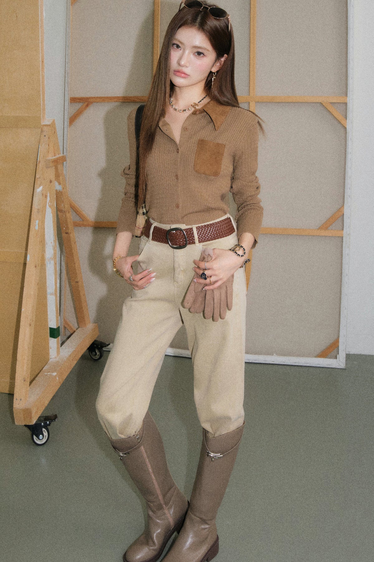 Vintage Coffee Lapel Knit Cardigan and Pants Set-Up