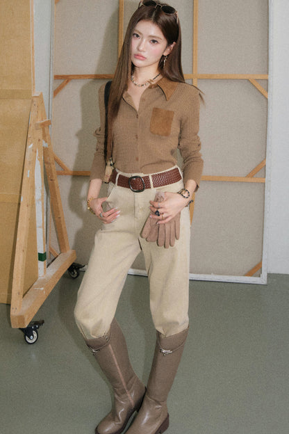 Vintage Coffee Lapel Knit Cardigan and Pants Set-Up