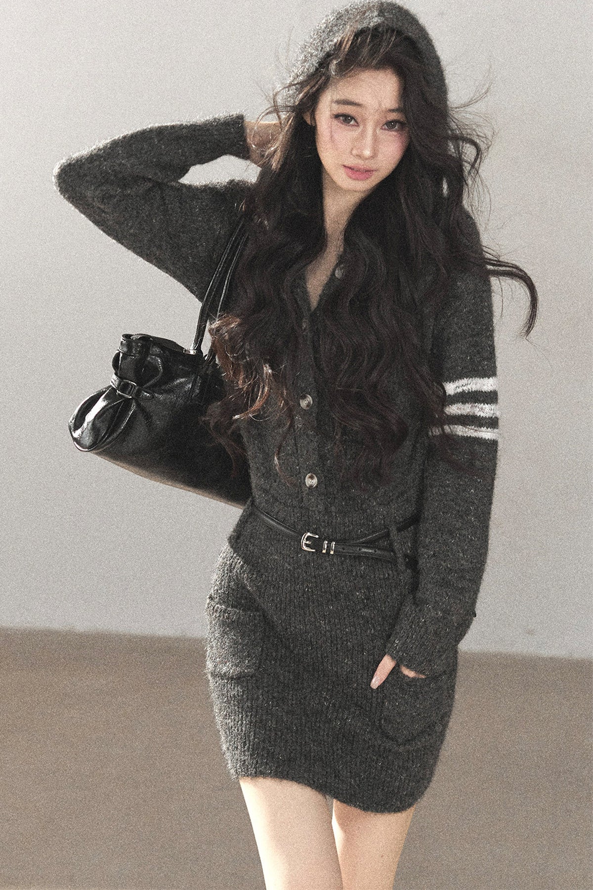 Whale Gray Wool Hooded Bodycon Sweater Dress