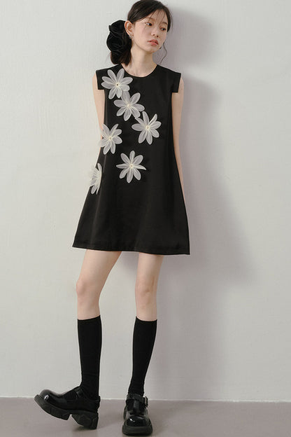 3D Floral Appliqué Satin Sleeveless Dress