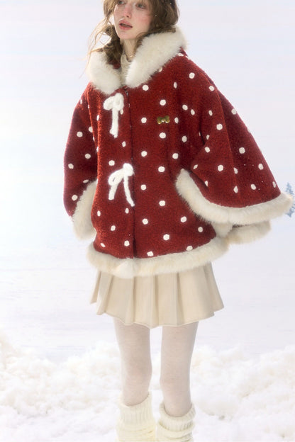 Red Polka Dot Plush Hooded Cloak