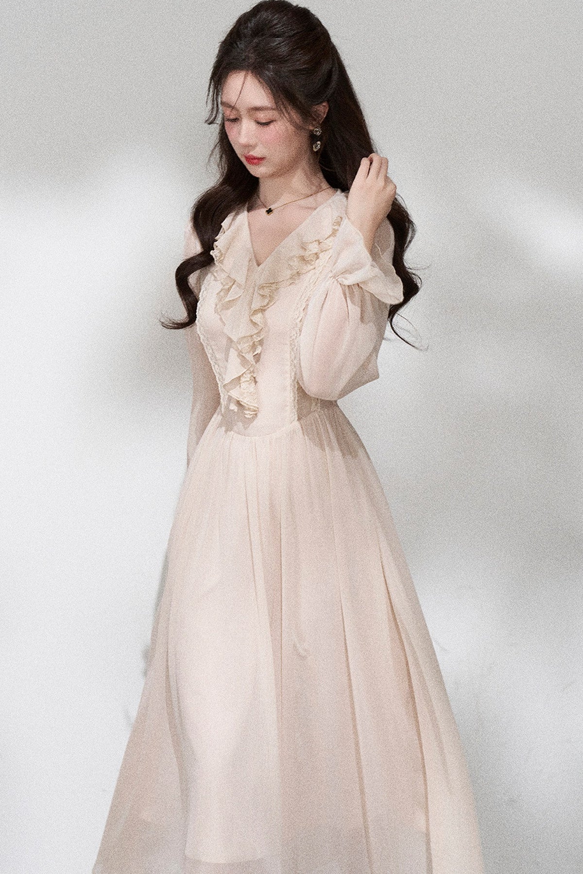 Ruffled V-Neck Long Dress