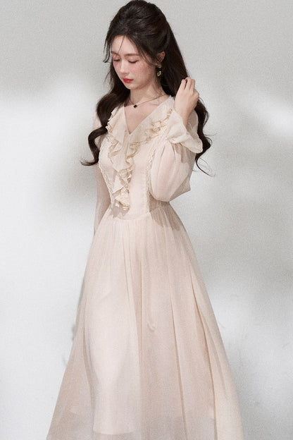 Ruffled V-Neck Long Dress