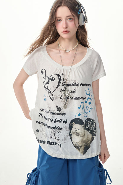 Camiseta de manga corta con cordón ajustable y estampado de gato blanco