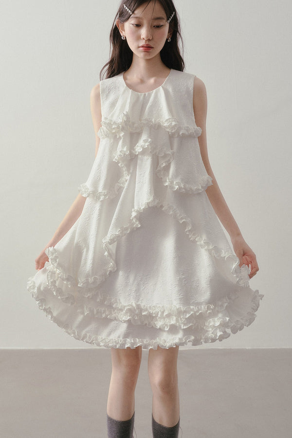 White Irregular Ruffle Dress