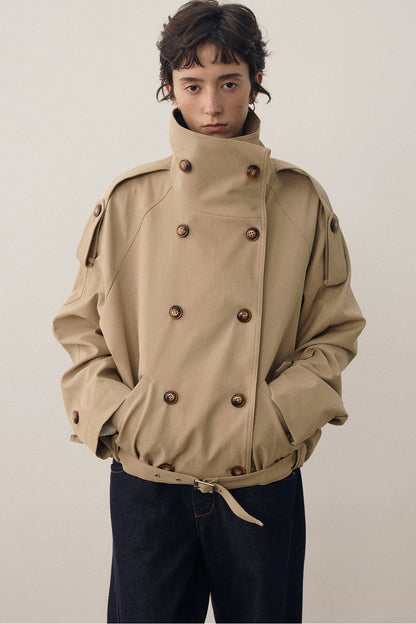 Color-Blocked Double-Breasted High-Collar Trench Coat