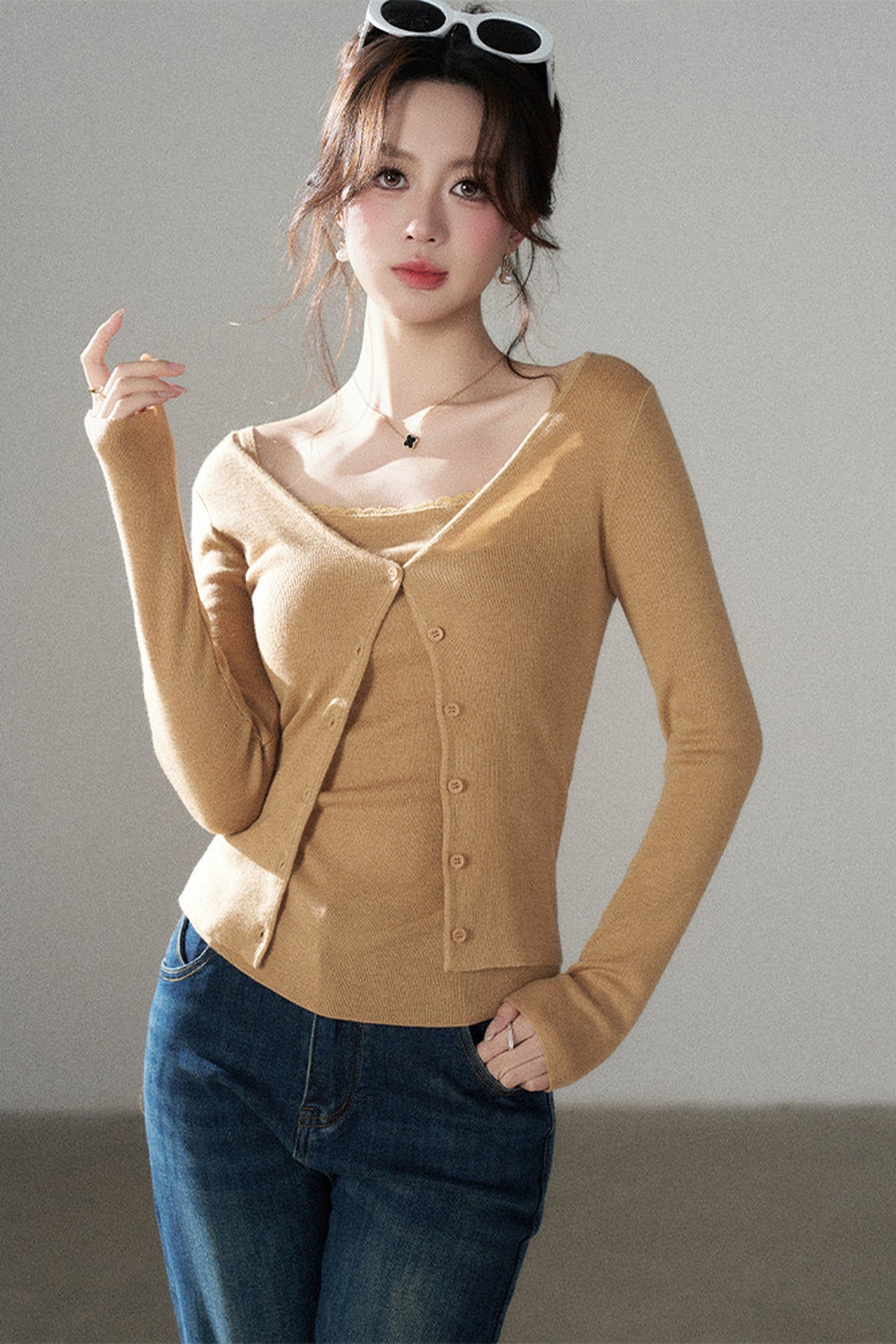 Orange Knit Vest and Cardigan and Jeans Set-Up