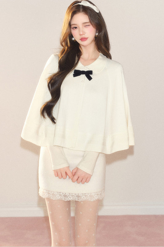 Cardigan mantella in maglia di velluto nuvola con colletto alla Peter Pan