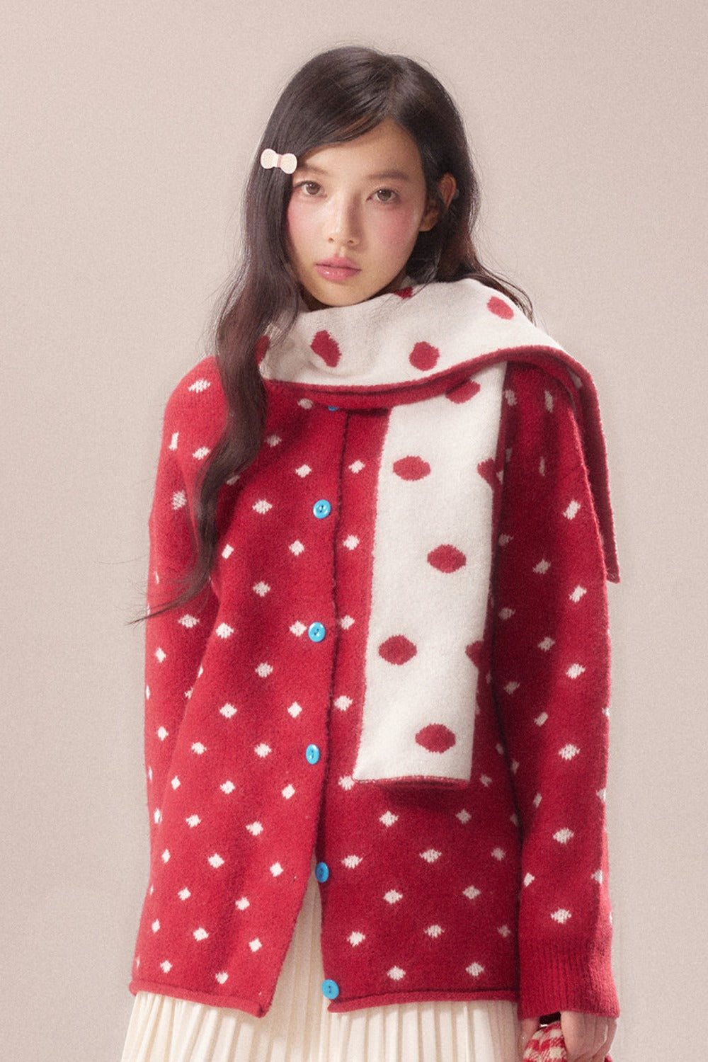 Polka Dot Scarf Knit Cardigan
