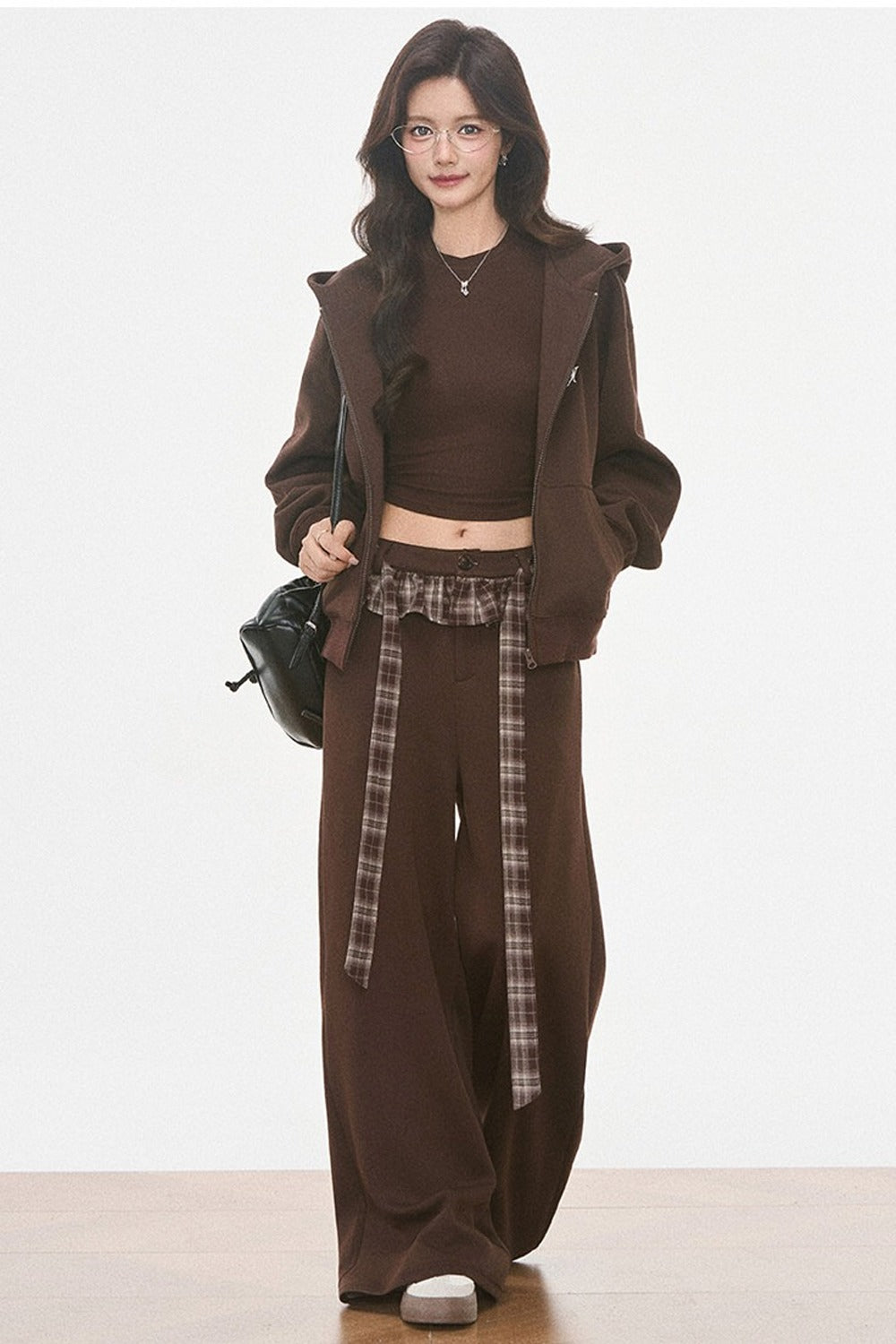 Plaid Patchwork Hooded Sweatshirt and Sweatpants Set-Up