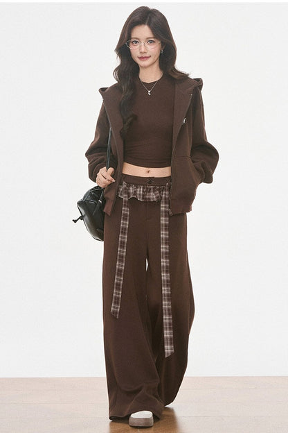 Plaid Patchwork Hooded Sweatshirt and Sweatpants Set-Up