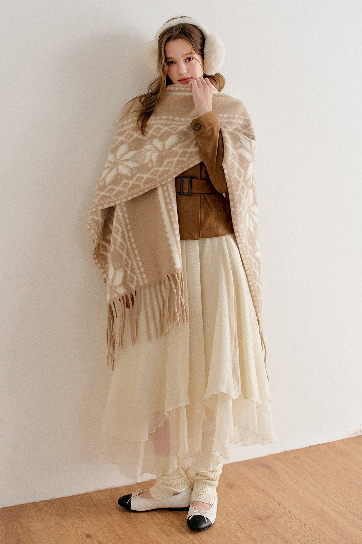 Khaki Fair Isle Jacquard Long Tassel Cape