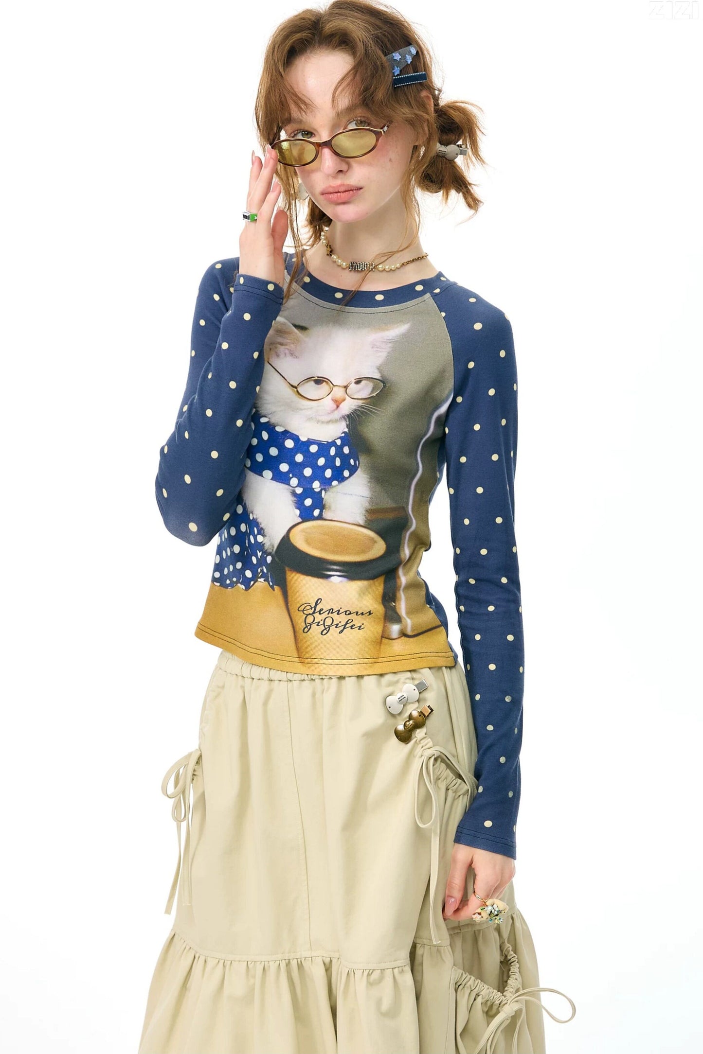 Navy Polka Dot Raglan Cat Print Long Sleeve Top