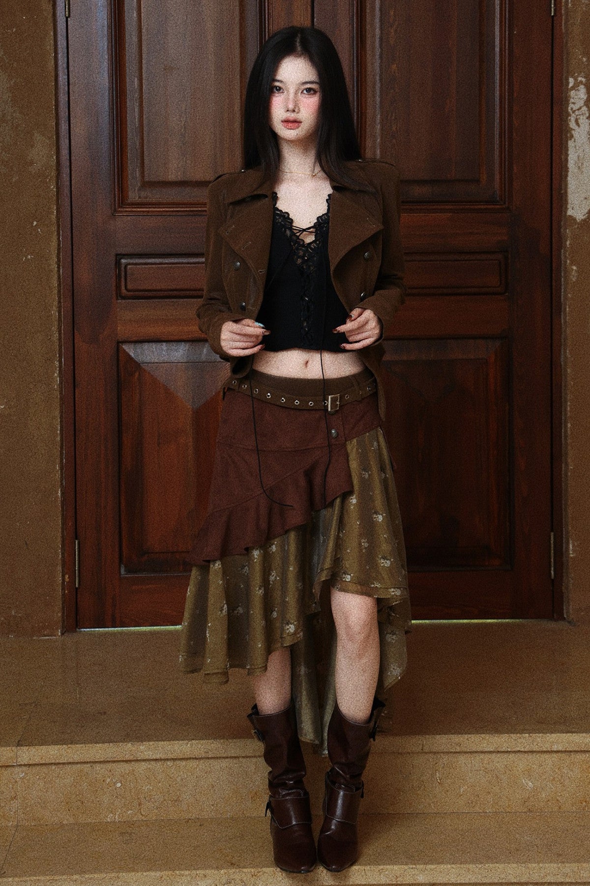 Suede Floral Patchwork Skirt
