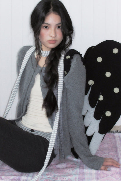 Gray Plaid Bow Knit Sweater and Pants Set-Up