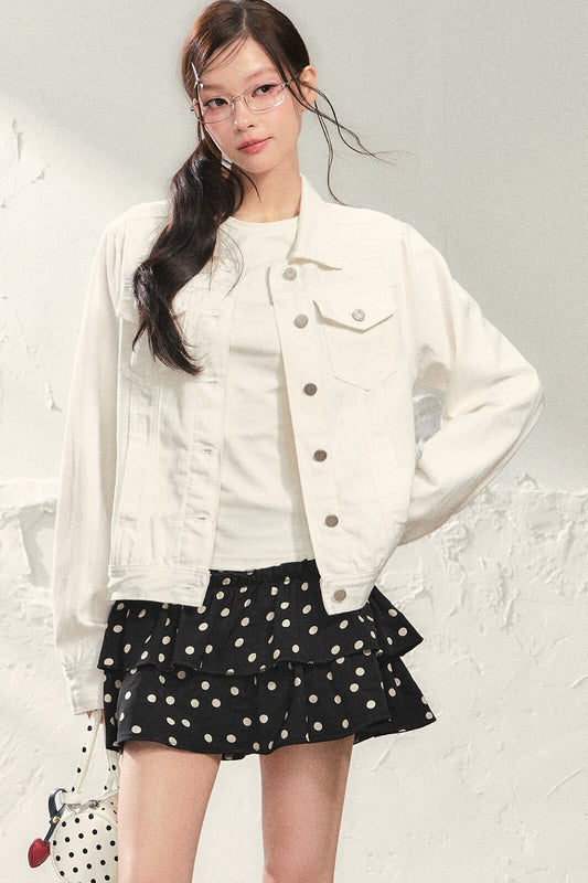 White Denim Jacket and Black Polka Skirt Set-Up
