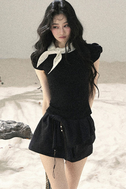 French Polka Dot Bow Puff Sleeve Top