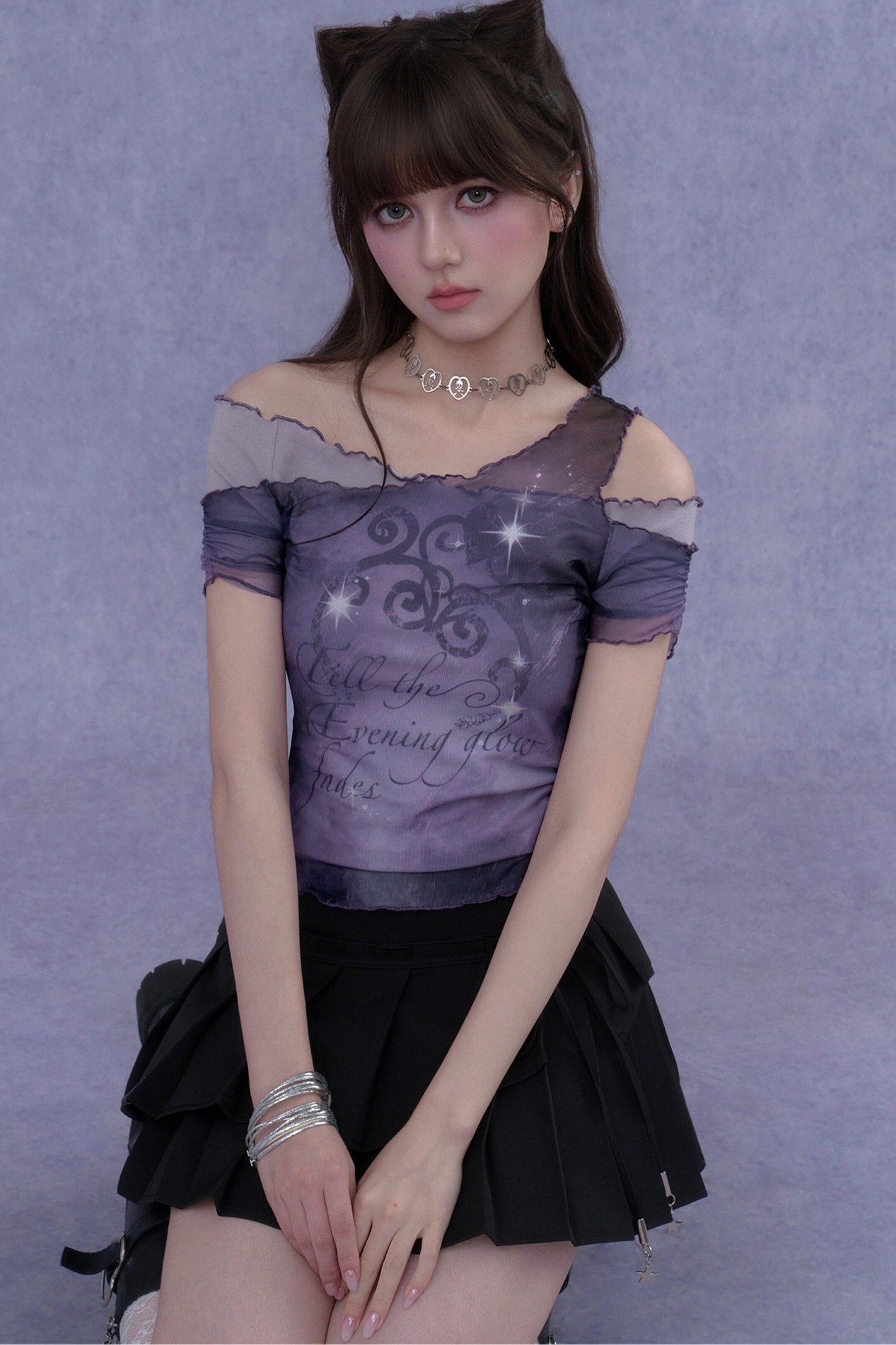 Purple Mesh One-Shoulder Top