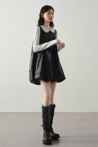 Black Leather-Like Peter Pan Dress