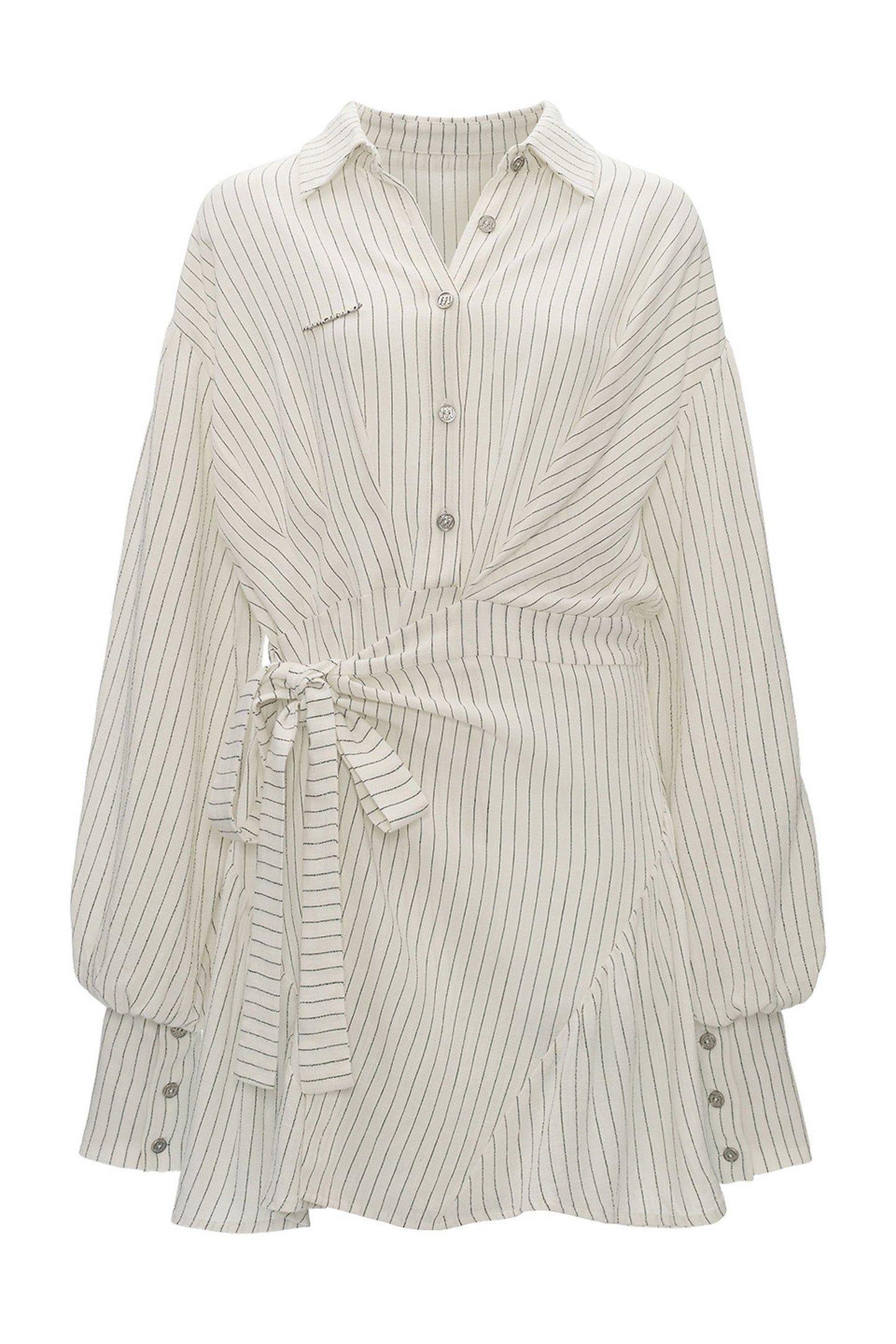 Striped Lantern Sleeve Tie Belt Shirt
