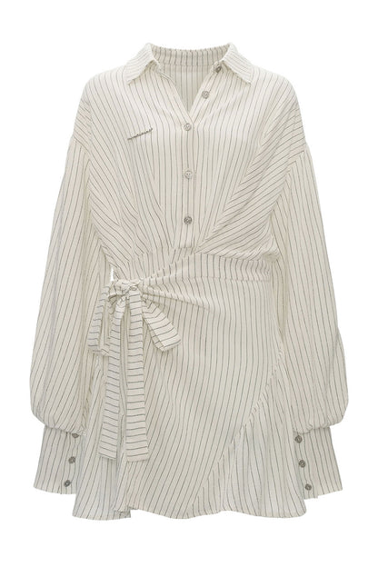 Striped Lantern Sleeve Tie Belt Shirt