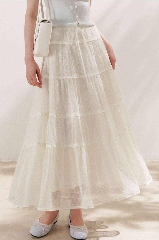 Tiered Lace Pleated Maxi Skirt