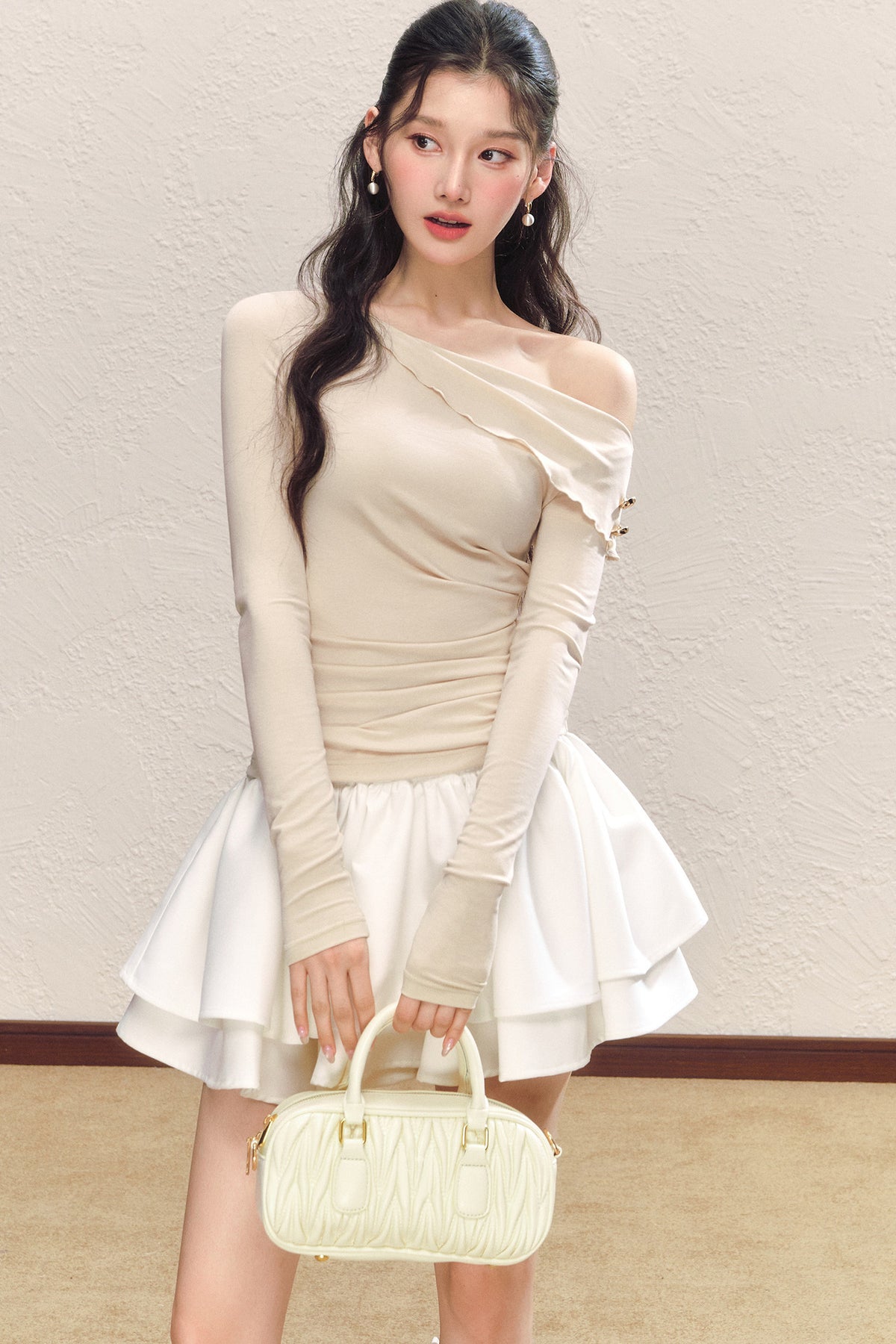 Asymmetrical Collar Long-Sleeved Knit Top and Skirt Set-Up
