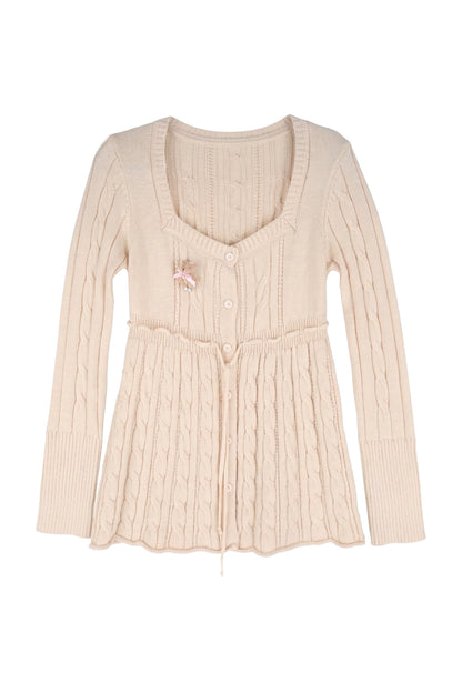 Square-Neck Cable Knit Top and Shorts 3-Piece Set-Up