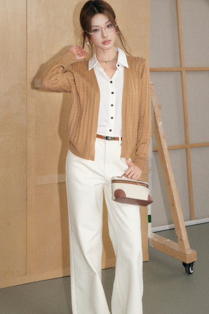 Khaki Layered-Look Cardigan and White Flared Jeans Set-Up