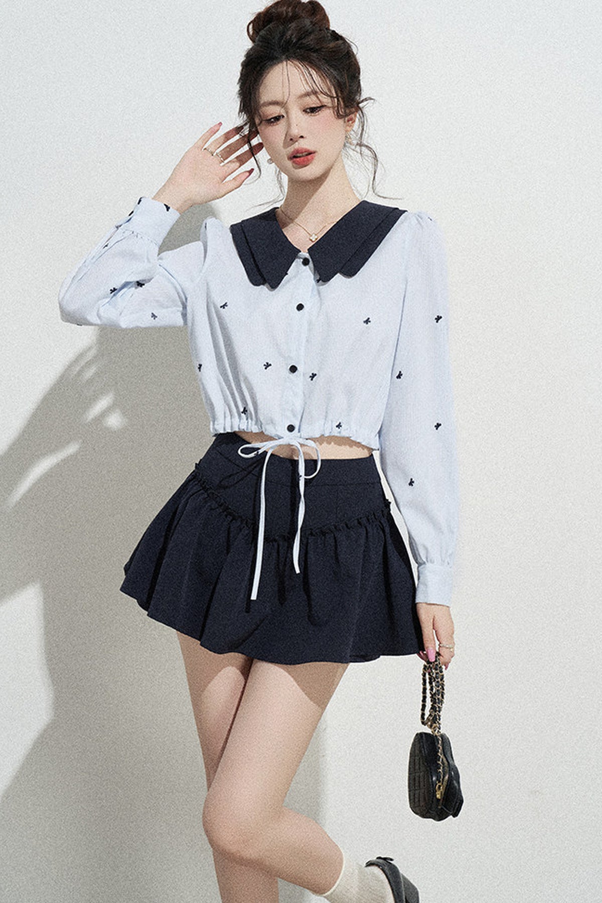 Doll Collar Drawstring Long-Sleeve Shirt and Skirt Set-Up