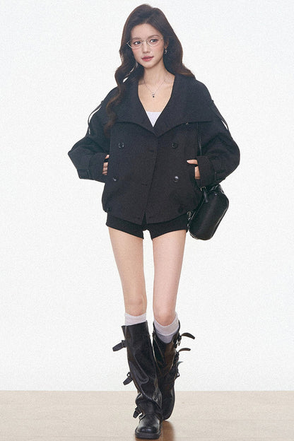 Vintage Double-Breasted Trench Coat and Cuffed Shorts Set-Up