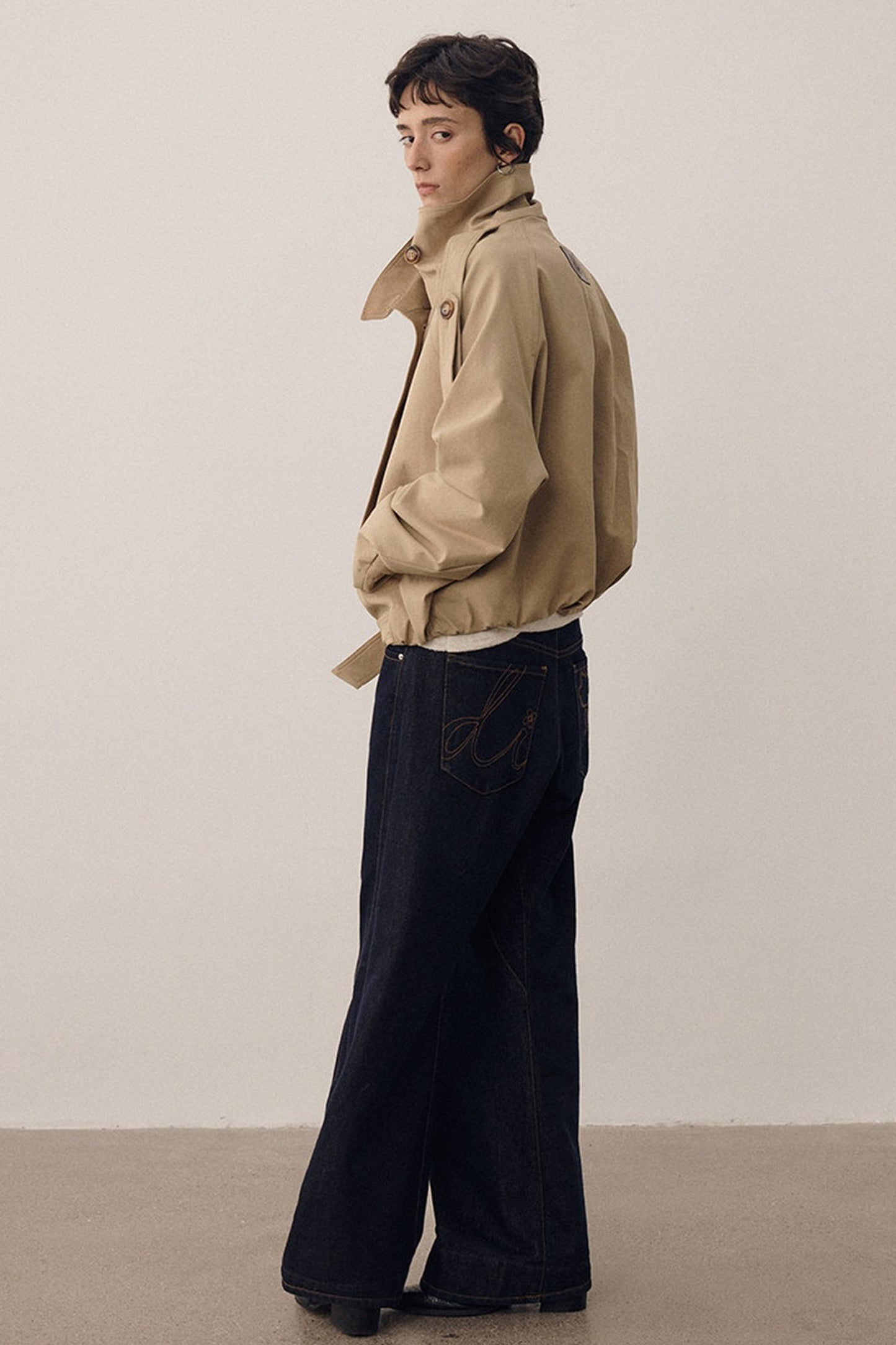 Color-Blocked Double-Breasted High-Collar Trench Coat
