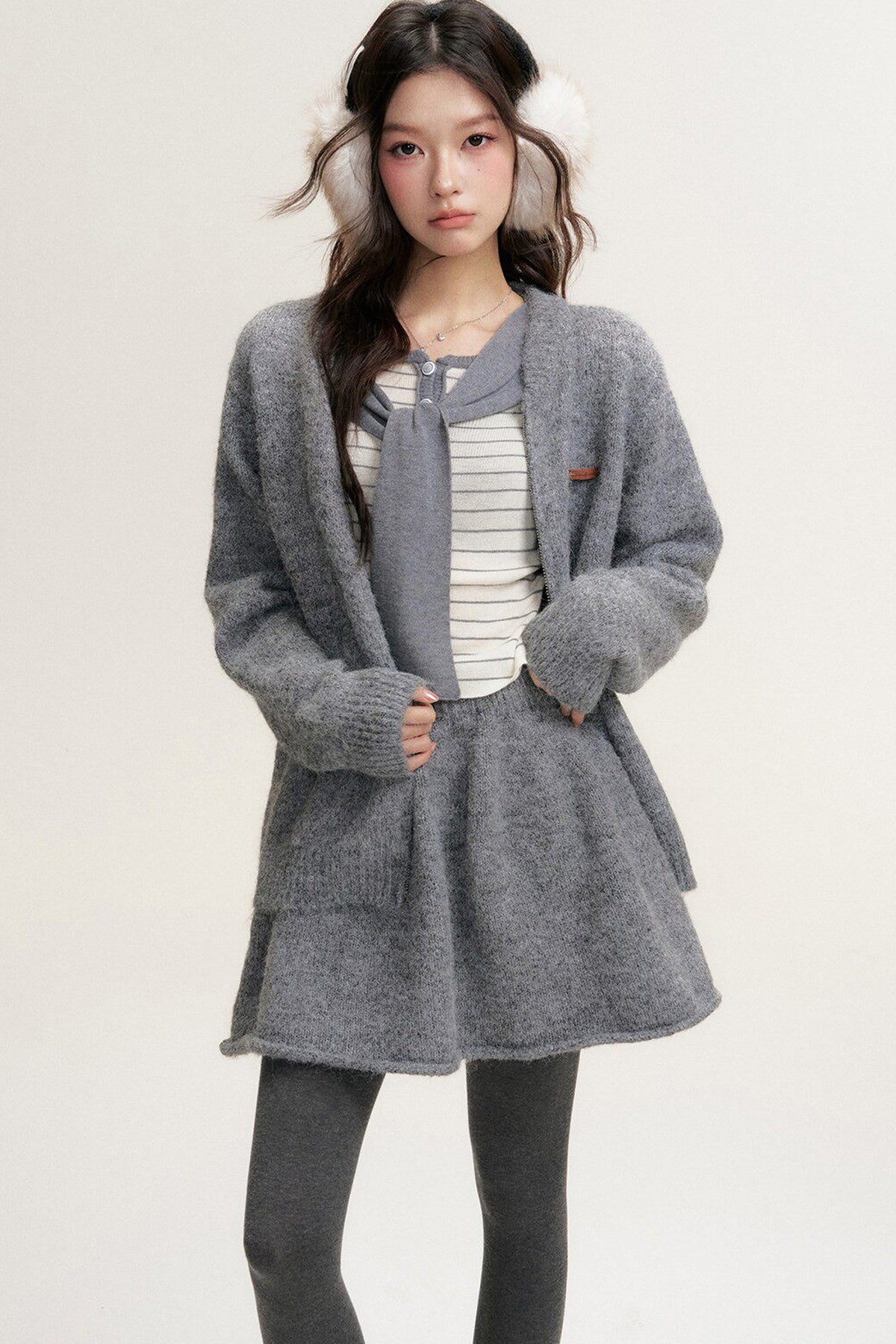 Striped Shawl Collar Long Sleeve Knit Sweater