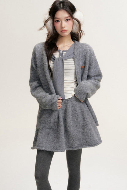 Striped Shawl Collar Long Sleeve Knit Sweater