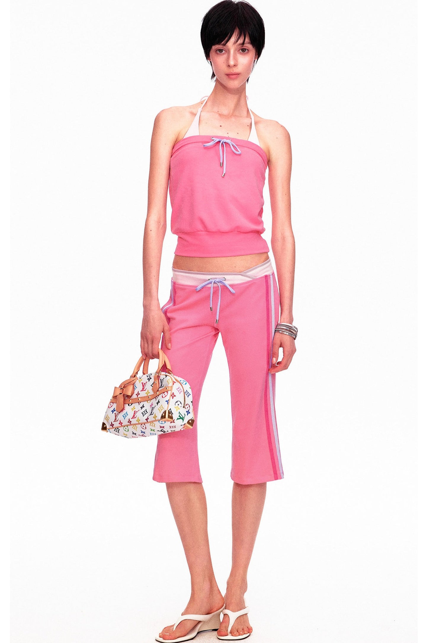 Low-Waist Color-Block Drawstring Knit Capri Pants