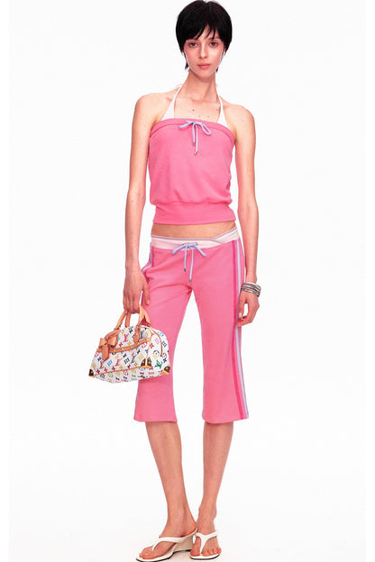 Low-Waist Color-Block Drawstring Knit Capri Pants