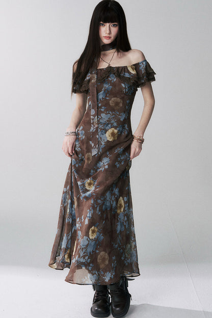 Robe une épaule à motif floral café