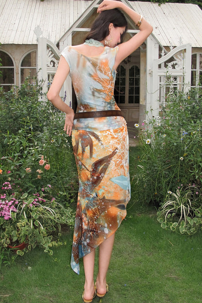 Orange Oil Painting Print Mesh Top and Skirt Set-Up