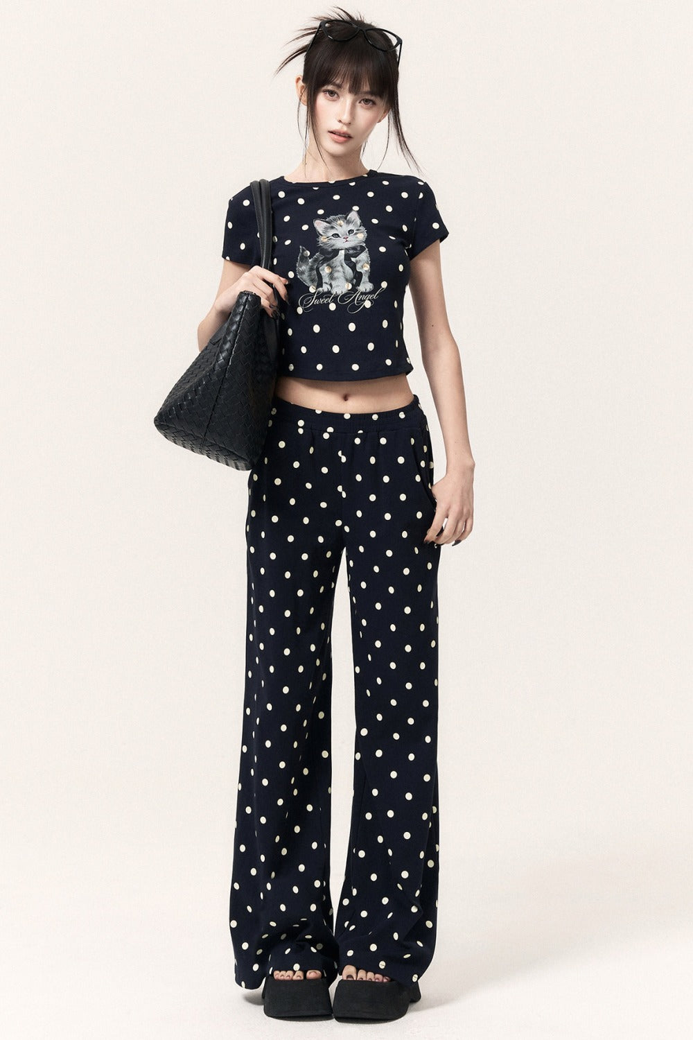 Polka Dot Cat Print Top Bodycon Skirt Pants Set-Up