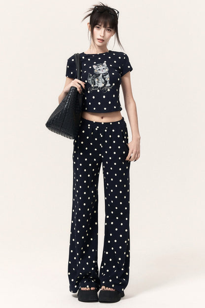 Polka Dot Cat Print Top Bodycon Skirt Pants Set-Up