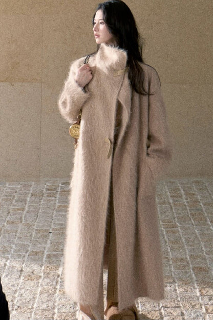 Brushed Cashmere Silk Funnel Collar Coat