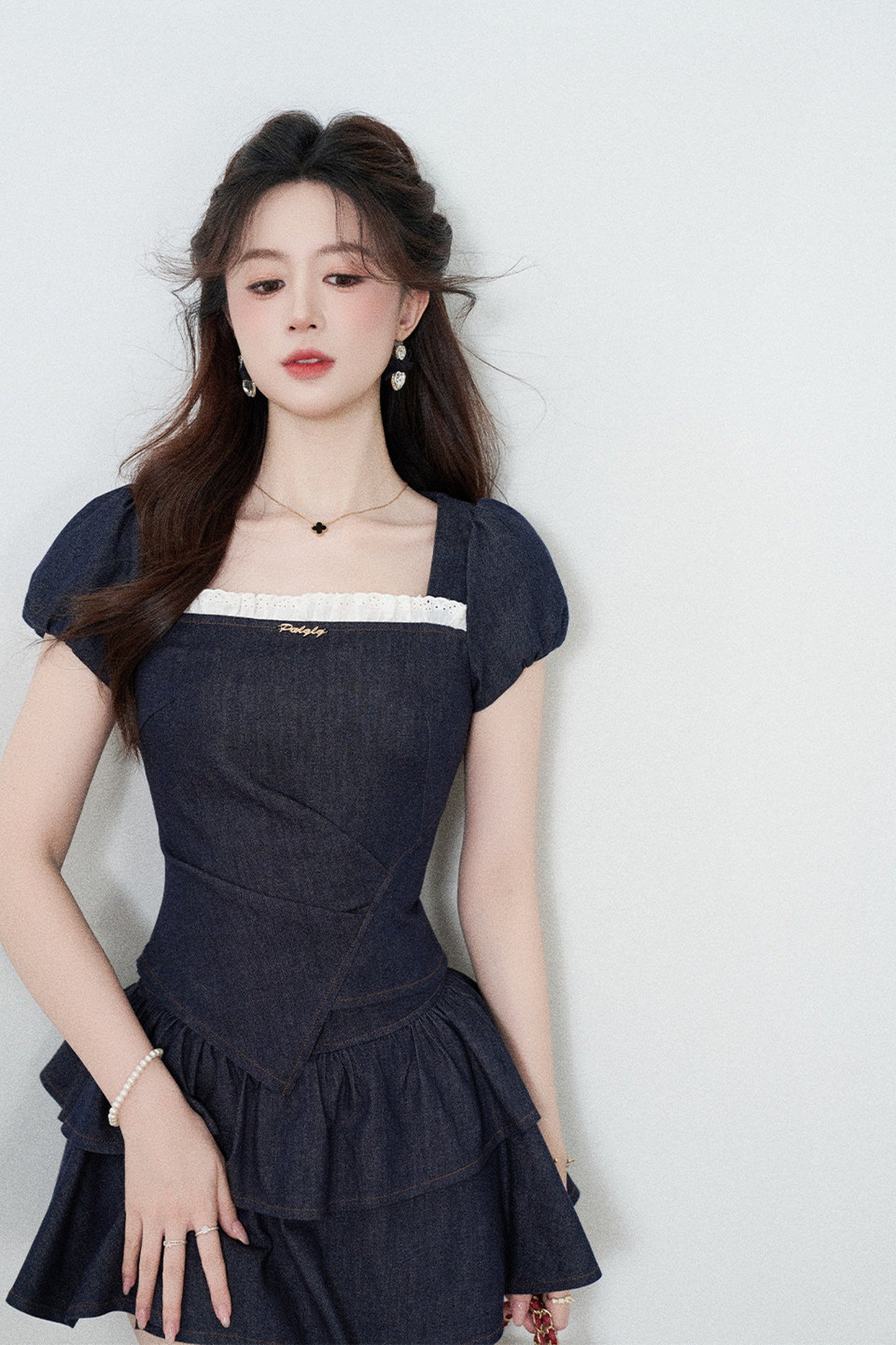 Denim Puff Sleeve Top And Skirt Set