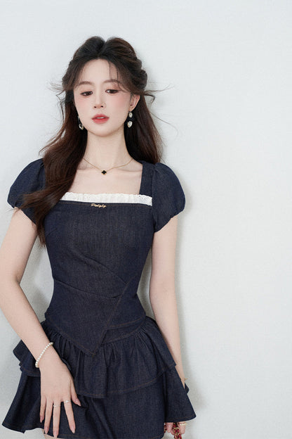 Denim Puff Sleeve Top And Skirt Set