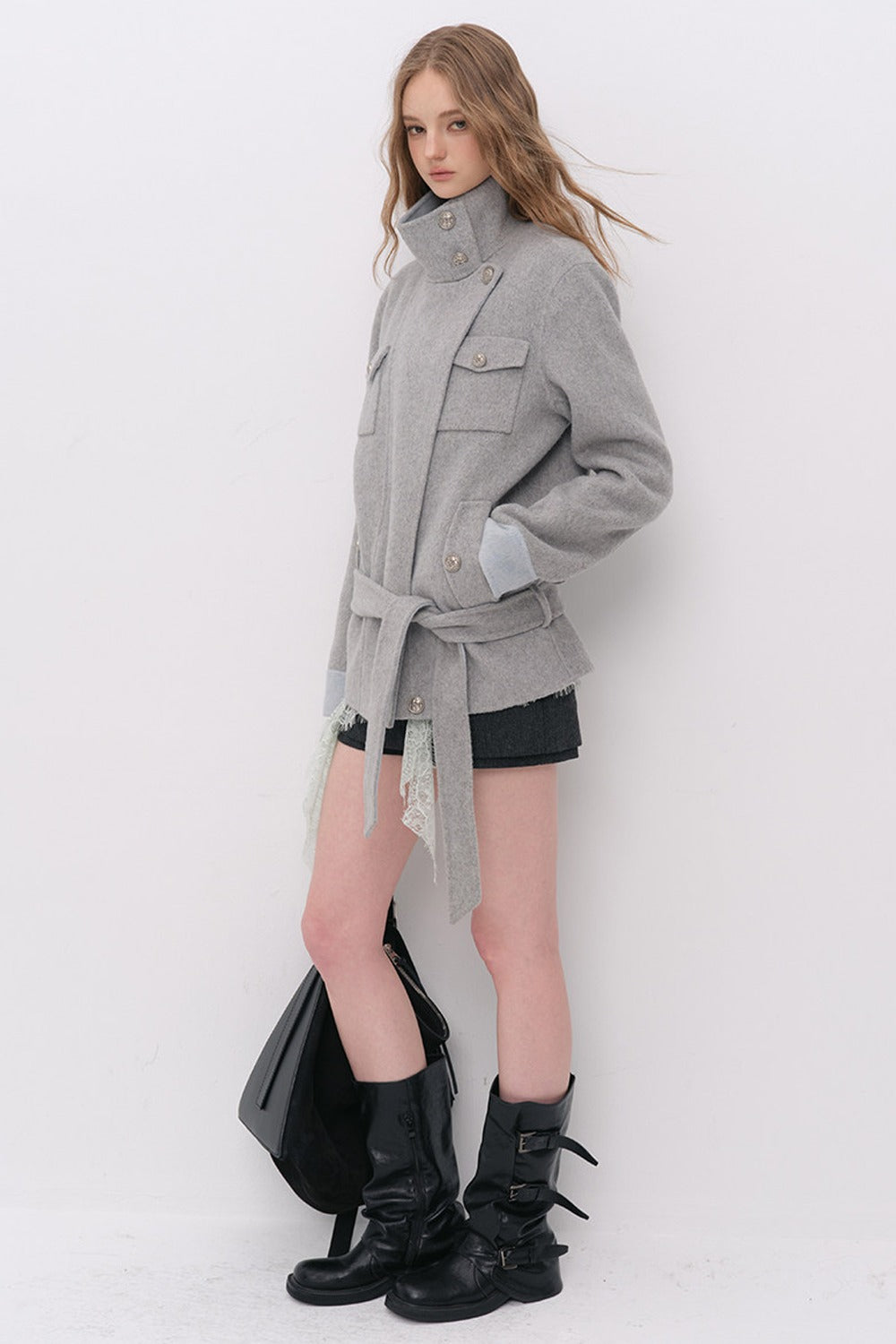 Belted Stand Collar Wool Coat