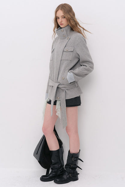 Belted Stand Collar Wool Coat