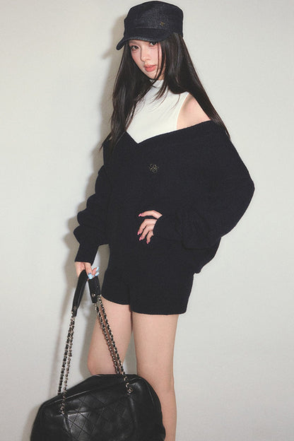V-Neck Knitted Sweater with White Vest and Shorts Set