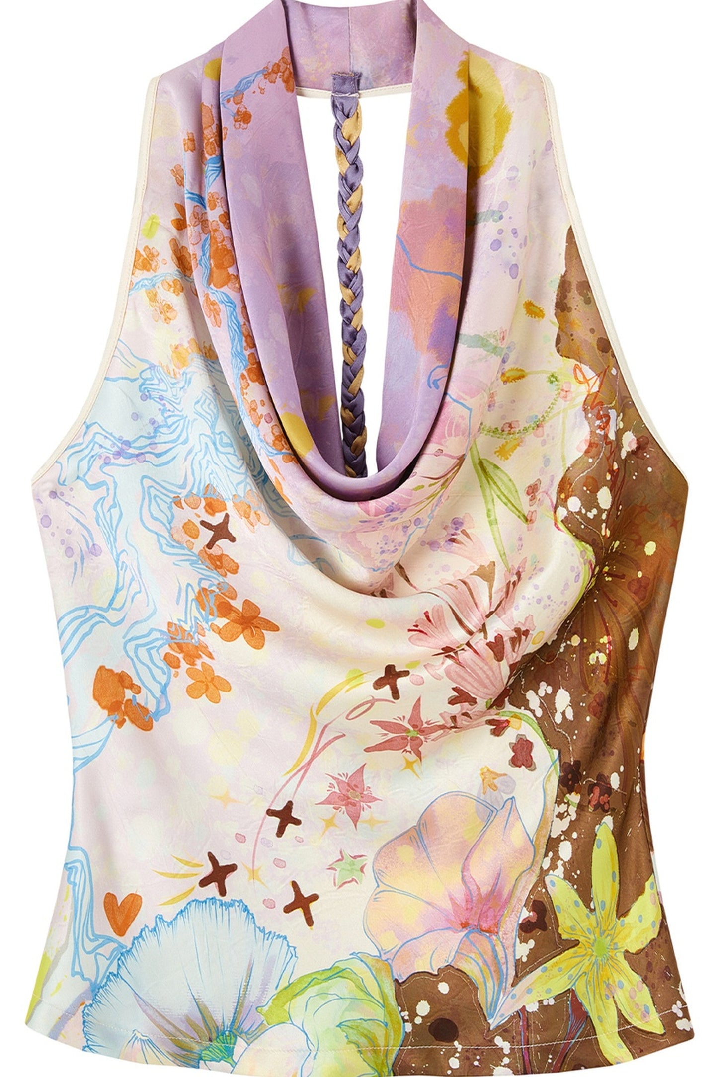 Printed Halter Swing Collar Backless Top