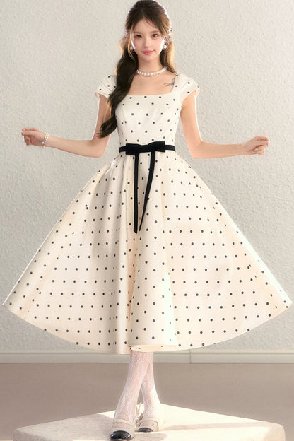 Elegant Polka Dot Waist Dress