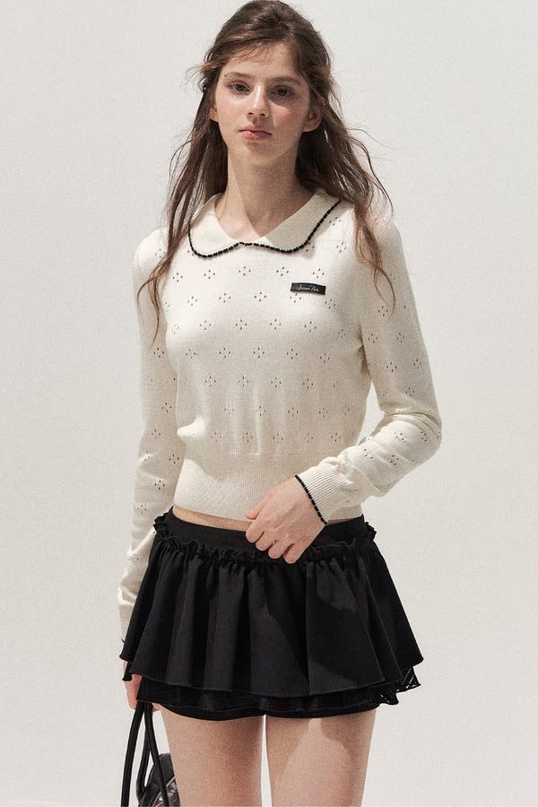 Doll Collar Floral Hollow Knit Top