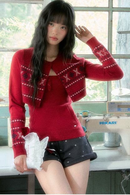 Fair Isle Red Knitted Cardigan And Halter Top Set